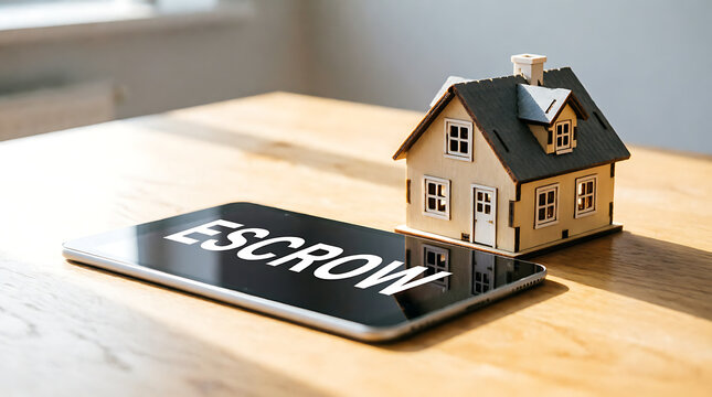 Real estate escrow process with a miniature house and tablet displaying the word escrow