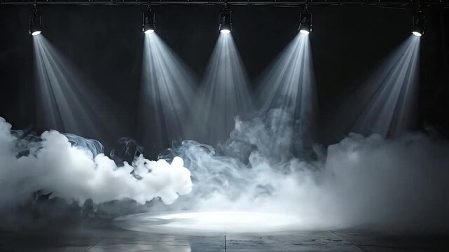 Stage lights illuminate smoke effects on a dark performance platform
