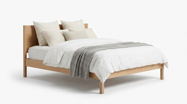 A neatly made bed with white sheets and a gray throw on a wooden frame indoors
