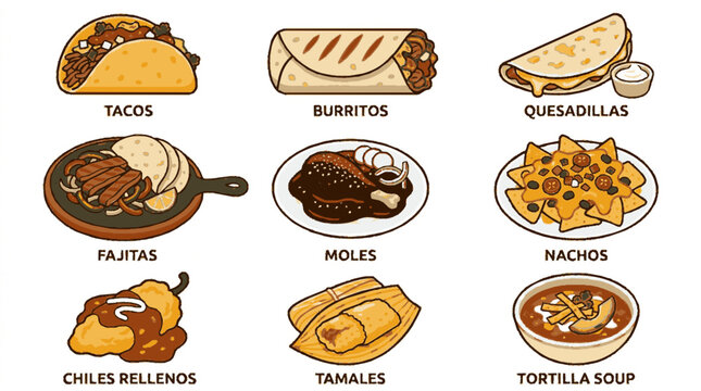 Colorful vector icon set featuring traditional mexican dishes including tacos burritos quesadillas fajitas moles nachos chiles rellenos tamales and tortilla soup for authentic