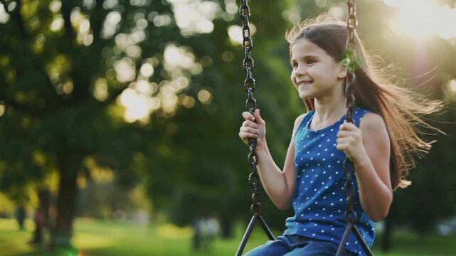 Girl in blue polka dot tank top swinging on a park swing at sunset, medium shot, slow motion