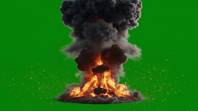 Explosive Mushroom Cloud With Fire And Smoke Against A Green Screen
