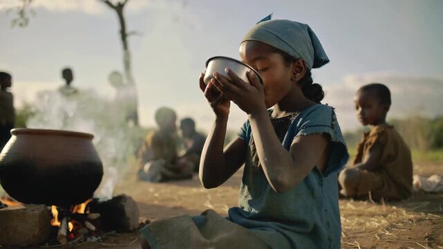 Young girl drinking from metal bowl near campfire with children in rural village, medium shot