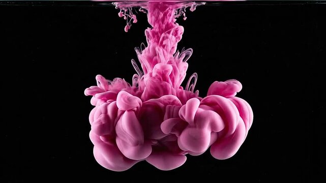 Pink colored liquid dissolving in dark water creating abstract shapes and patterns
