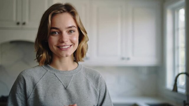 Young woman smiling in kitchen interior with copy space and medium shot technique