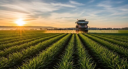 Fototapeta premium Agricultural sprayer applying fertilizer to a young crop field at sunrise with golden light