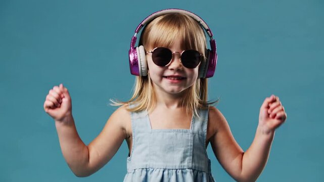 Little girl in pink headphones and sunglasses dancing against blue studio background medium shot