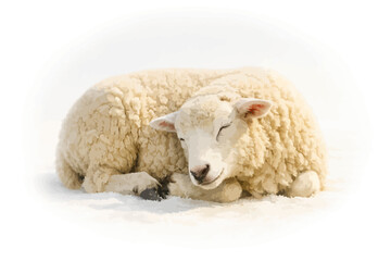 Obraz premium fluffy white lamb resting in snowy winter landscape soft natural light