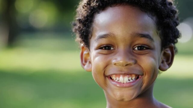 Smiling Black boy looking at camera in park close up shot