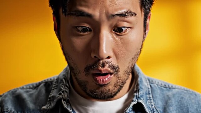 A handsome unshaven bearded young man in his 20s wearing a denim shirt layered over a white t-shirt, standing in a minimalist studio with a vibrant solid yellow background. 