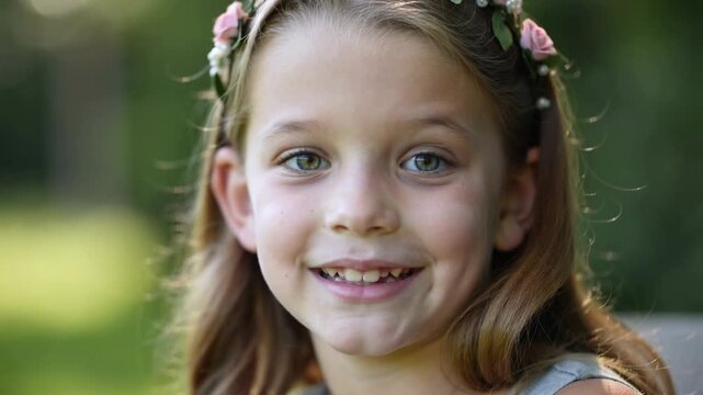 Young girl smiling with pink floral crown outdoors against blurred green background close up