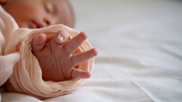 Newborn baby hand in soft peach swaddle blanket resting on white sheet, extreme close up shot