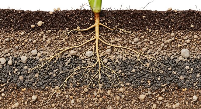 Plant roots system growing deep into layered soil cross-section with pebbles