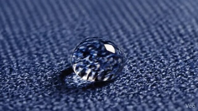 Macro shot of transparent water droplet resting on a waterproof synthetic micro fabric weave textile surface showing hydrophobic property and high resolution texture detail.