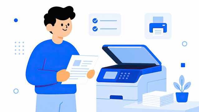 Office worker scanning document at modern multifunction printer copy machine