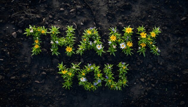 Floral Gratitude: An artful arrangement of flowers forms the words THANK YOU, symbolizing appreciation, placed amidst dark soil, celebrating gratitude and natural beauty.