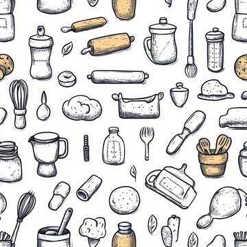 playful cozy hand-drawn baking and kitchen utensil pattern with rolling pins, whisks, mixing bowls, jars, spatulas, wooden spoons, dough pieces, measuring cups and pastry brushes