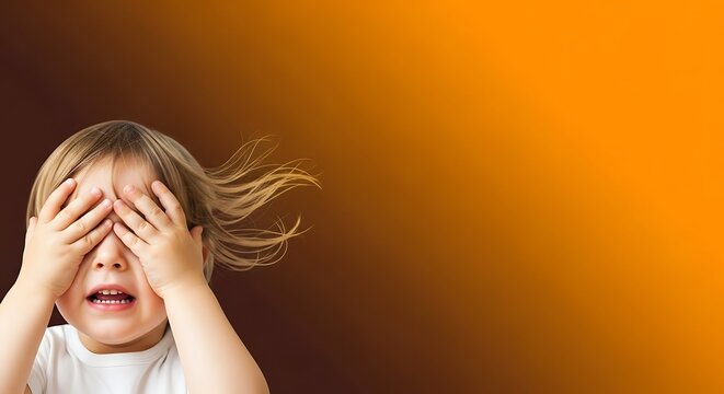 Little child covering eyes with hands. Orange May campaign to combat child sexual abuse and exploitation.