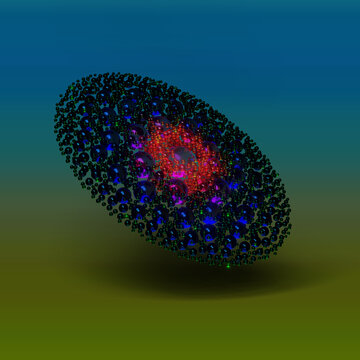 Abstrakte generative Linse mit gl&uuml;hendem Kern und organischen Partikeln in atmosph&auml;rischem Raum.