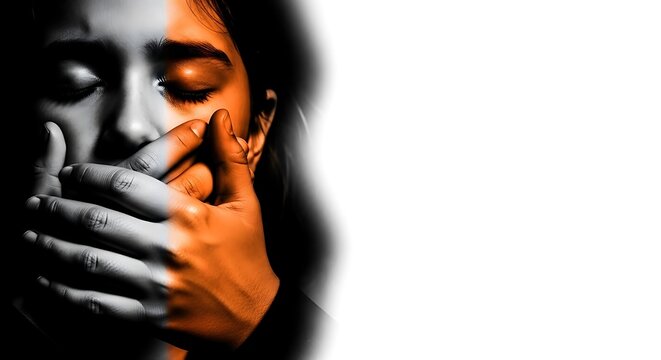 Close-up of a child's face with hands covering mouth, symbolizing silence and fear. Orange May campaign to combat child sexual abuse and exploitation.