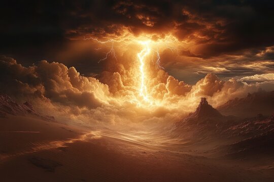 desert sand dunes and jagged rocky peaks beneath towering storm clouds pierced by a blazing vertical lightning pillar, glowing golden light casting an awe-inspiring and foreboding mood