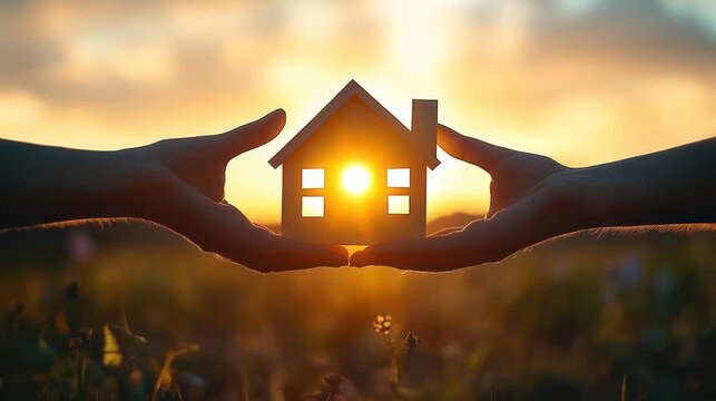 Two hands holding a small house silhouette with the sun shining through its window over a grassy field at sunset, conveying warmth, protection and hope