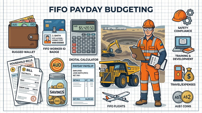 Fifo mining worker financial planning infographic showing budget management assets in this educational motion animation clip