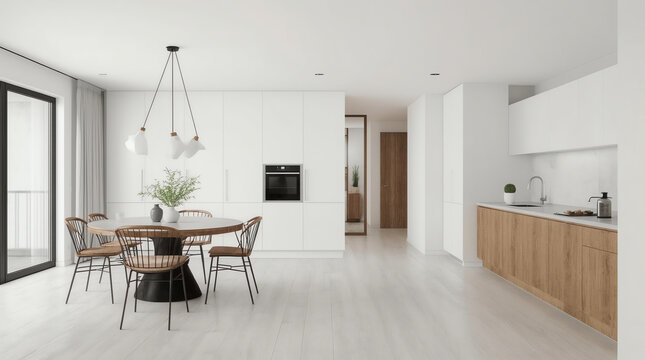 White dining room, poster, wood countertops 