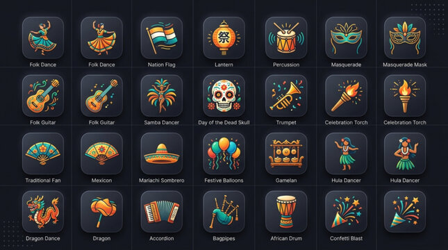 International folk and cultural festival icon set illustration