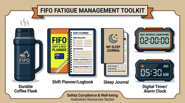 Fifo fatigue management toolkit features motion animation displaying essential gear for australian shift worker health monitoring
