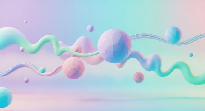 A serene dreamscape featuring soft pastel gradients where abstract geometric spheres and fluid shapes float gracefully in a misty light, modern, smooth, minimal