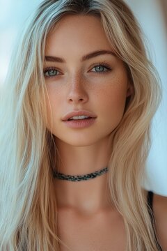 Close-up portrait of a blonde woman with long tousled hair wearing a braided choker and black strap, exposed collarbone and shoulders, calm and serene mood