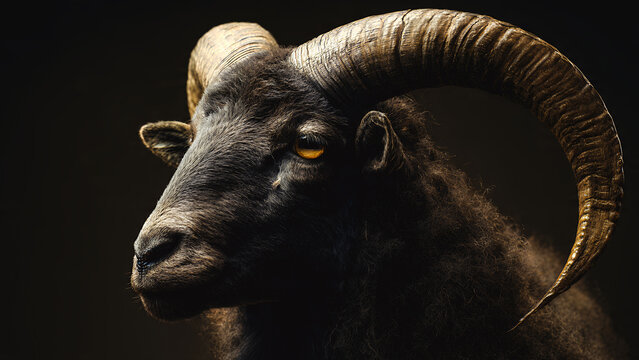 A Garut ram with large curved horns against a pitch-black background. The mysterious, deep black color, detailed textures on the fur and horns, and a minimalist composition.