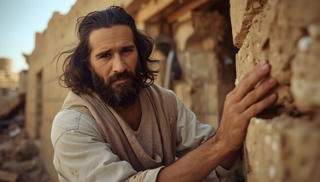 Contemplative Figure in Ancient Ruins: A man with a weathered appearance stands amidst the crumbling remains of an ancient structure, his gaze reflecting a quiet introspection.