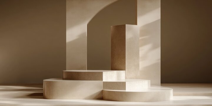minimal beige interior with tiered circular pedestals, tall rectangular column and arched opening bathed in warm soft sunlight conveying a calm serene mood