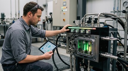 Obraz premium Medium shot highlighting a technician monitoring advanced hydraulic manifold system featuring contamination detection sensors and interactive diagnostic LEDs.