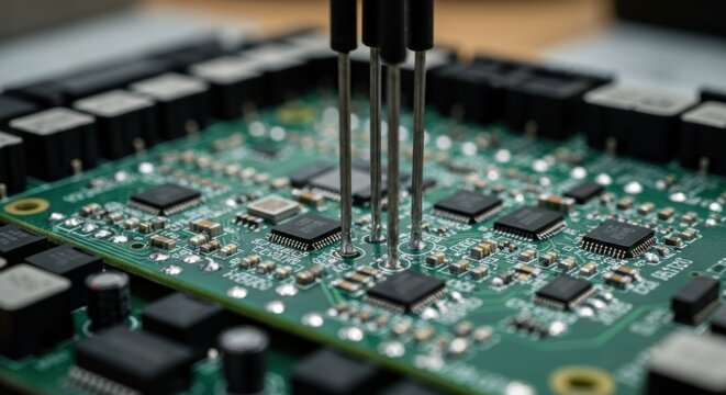 Close-up of electronic circuit board with test probes.