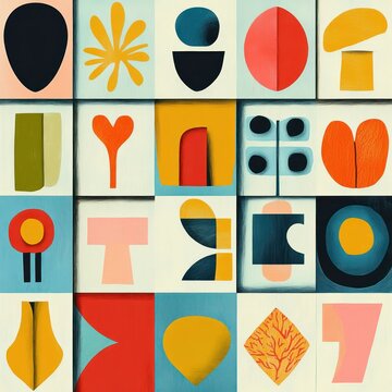 5x5 grid of 25 colorful abstract geometric tiles with rounded and organic shapes in warm yellows, reds, oranges, teal and black on cream panels, evoking cheerful playful whimsy