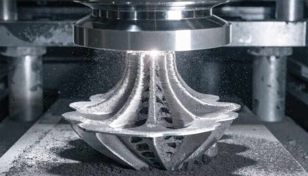 Closeup of a 3D printer fabricating a metal pump impeller prototype with intricate lattice structures showcasing advanced powder bed fusion additive manufacturing technology.