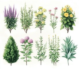Fototapeta premium twelve delicate watercolor botanical studies of assorted flowering shrubs, leafy stems, evergreen and blooms, evoking serene fresh calm
