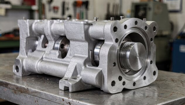 Medium shot of a singlestage reciprocating piston compressor block highlighting the precise machining of castiron components and the fitted pistons against an industrial workshop