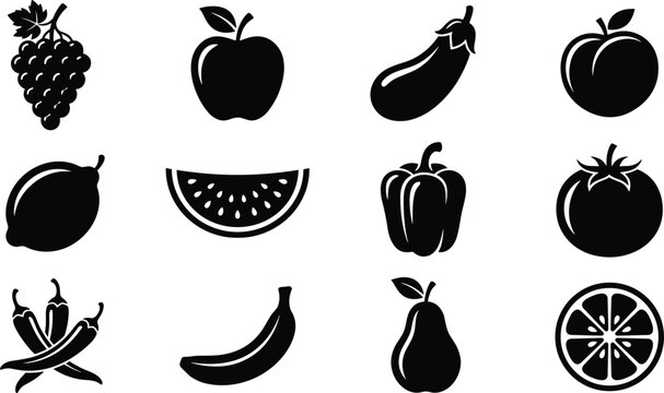Black fruit and vegetable silhouette icon set with grape apple eggplant peach lemon watermelon pepper tomato banana pear vector collection