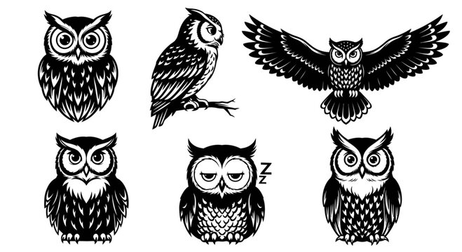 An illustration depicts six owls in various poses on a plain background