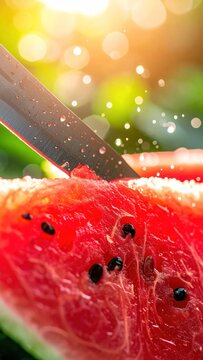 A knife slices into a juicy watermelon, drops sparkle with a sun-drenched bokeh background