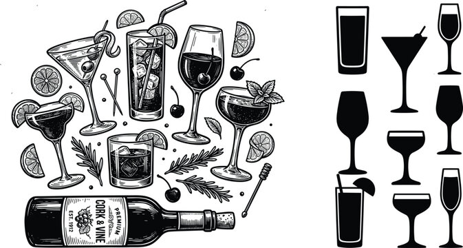 Cocktail and beverage illustration set with wine glasses drinks and bar elements in vintage sketch and icon style