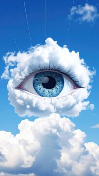 A surrealist depiction of a giant eye floating in a sunny blue sky, nestled within clouds