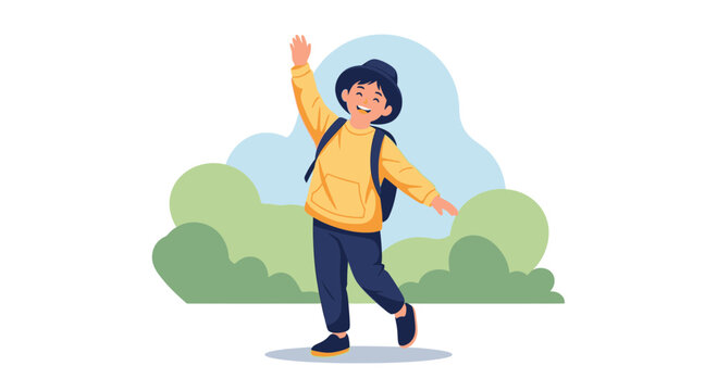 Person dancing happily outdoors with raised arm and backpack on.