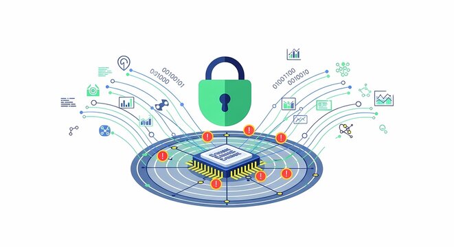 Digital security concept with a central processing unit, data streams, and a prominent padlock icon representing protection and cybersecurity.
