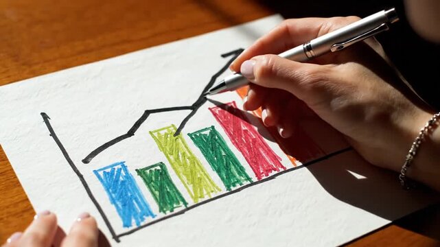 Hand drawing a colorful bar graph with an upward trend line.