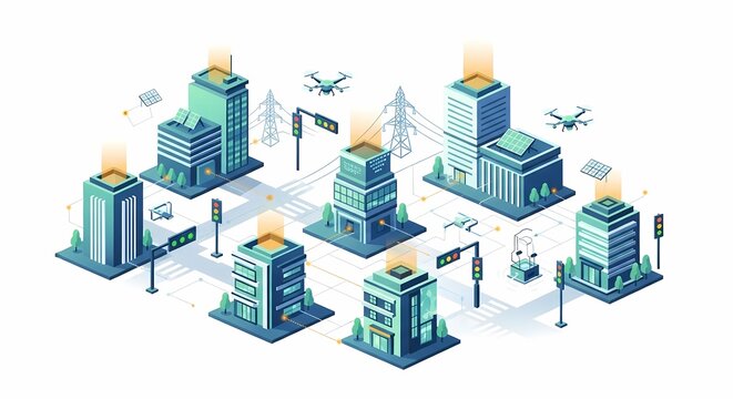 Isometric illustration of a smart city network with interconnected buildings, traffic lights, and drones, symbolizing modern urban technology and data flow.